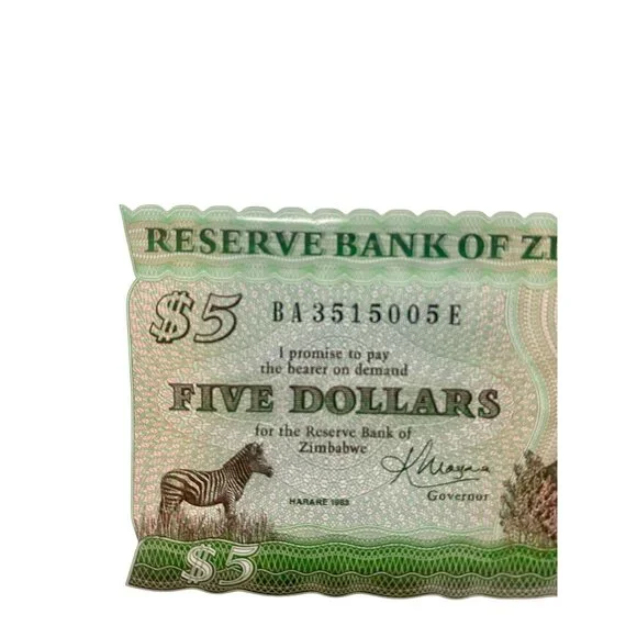 1983 Zimbabwe $5 Reserve Bank Note With Zebra & Stacked Rocks Design - Picture 2 of 6